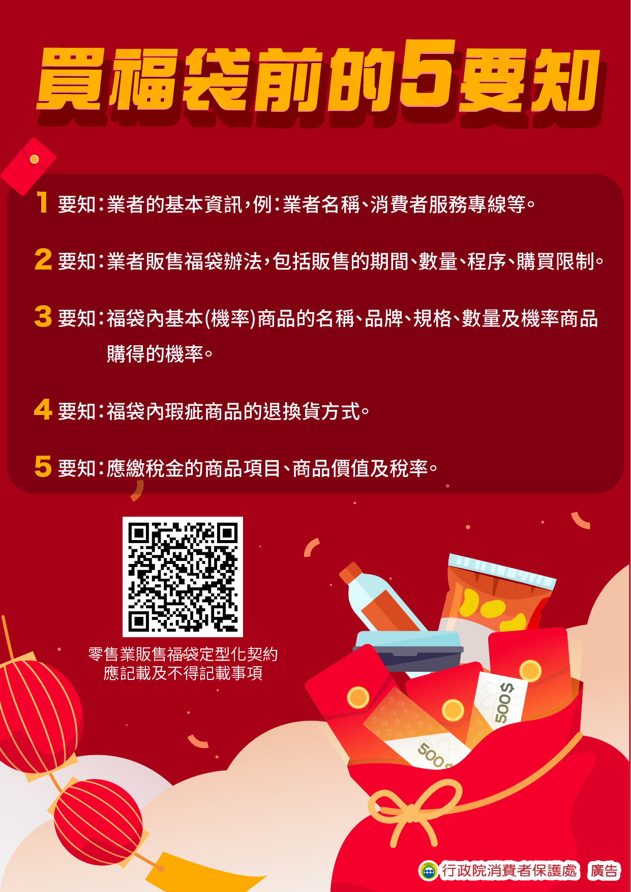 要知業者的基本資訊、販售福袋的期間數量程序購買限制、福袋內基本商品的名稱品牌規格數量及機率商品購得的機率、瑕疵商品的退換貨方式、應繳稅金的商品項目價值及稅率