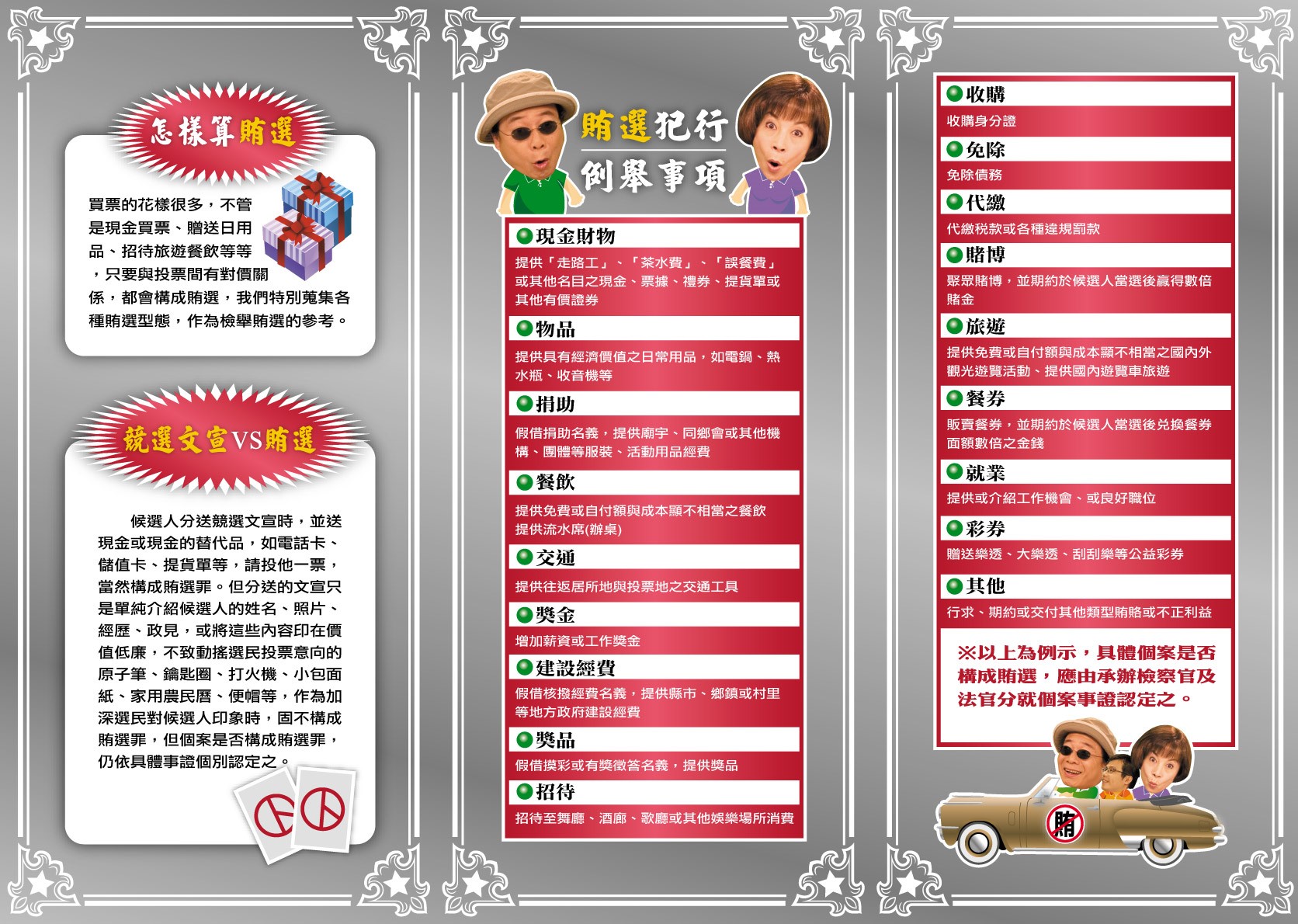 候選人分送競選文宣時,並送現金或現金的替代品,如電話卡、儲值卡、提貨單等,請投他一票,當然構成賄選罪。