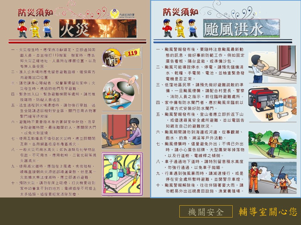防災須知,面臨火災應立即通知周圍人員並撥打119報案;面臨颱風洪水,請先儲備清水乾糧手電筒,低窪地區民眾請先做好避難疏散的準備。