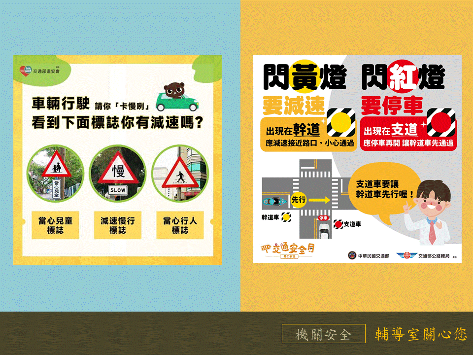 閃黃燈要減速;閃紅燈要停車;支道車要讓幹道車先行